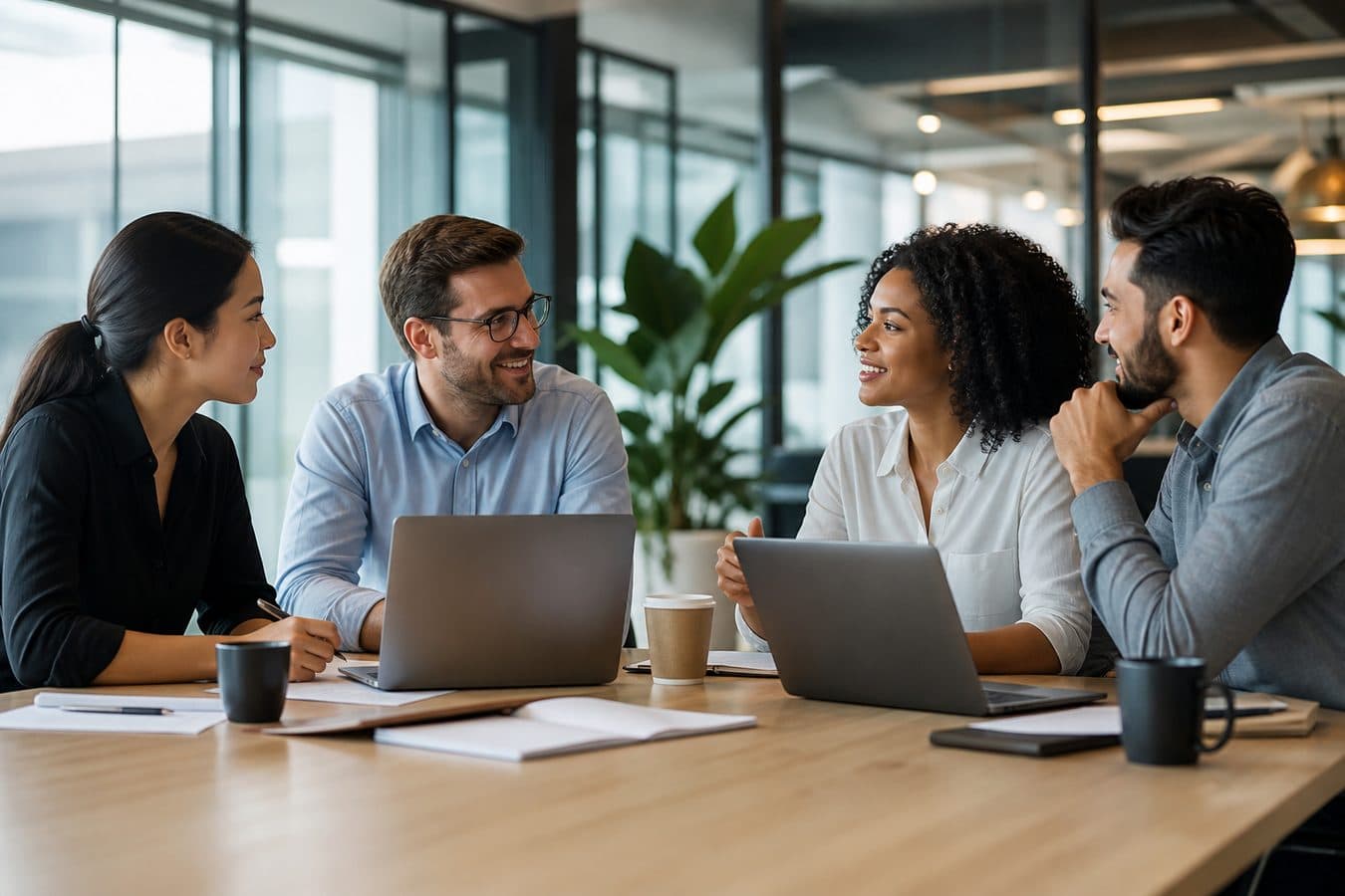 Weblooms team collaborating around a table in a modern office